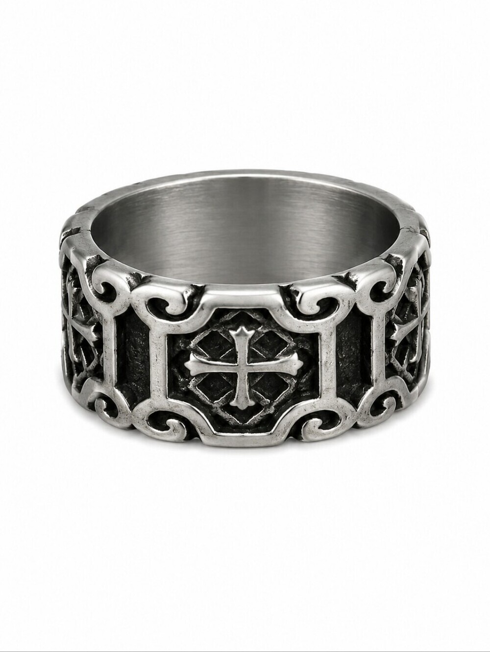 Silver Filled Stainless Steel Gothic Castlecore Cross Band Ring Size 10